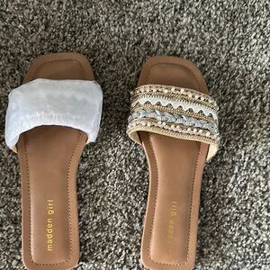 Madden Girl White and Tan Bohemian Slide Sandals. New without tags.